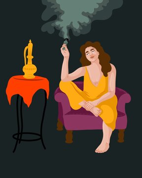 A person sitting in a chair burning sage, cleansing the space. Next to her a table with an oriental vase