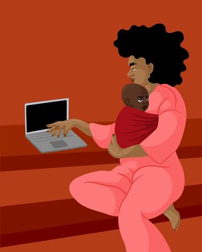 Mum with her newborn child working from home, home office. 