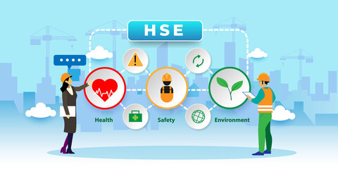HSE. Health Safety Environment, Environmental Protection and Health Safety Concept With icons. Cartoon Vector People Illustration