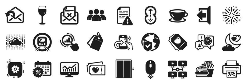 Set of Business icons, such as Metro subway, Wine glass, Send mail icons. Instruction manual, Lift, Love ticket signs. Share call, Cogwheel, Cloud system. Fireworks explosion, Graph chart. Vector