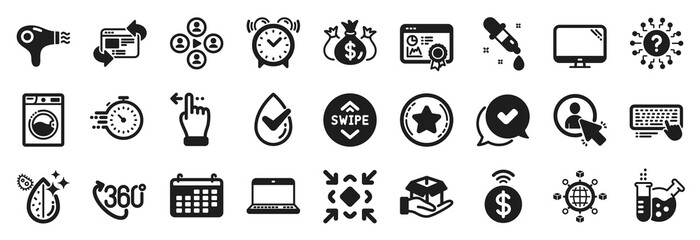 Set of Technology icons, such as Question mark, Calendar, Video conference icons. Hold box, Logistics network, Check investment signs. 360 degree, Computer keyboard, Approved. Hair dryer. Vector