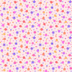 Abstract seamless watercolor pattern with small stars, gears and circles. Design for baby packaging, gift wrapping, birthday, holidays. Pink background