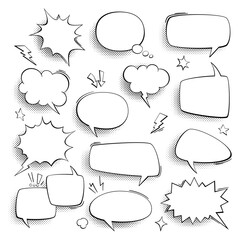 Naklejka premium Speech bubbles. Vintage comics talk, cartoon forms, think and sound effects in bubble on halftone, retro empty frame with copy space, discussion banners in pop art style vector isolated set