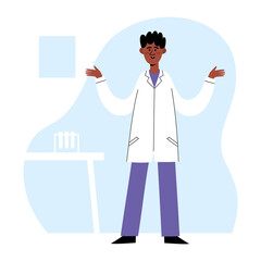 Vector illustration of surprised african doctor in medical office.