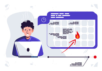Vector illustration of a tired person working at a computer, laptop, deadline for the delivery of work, calendar with the date of delivery of work, flat design