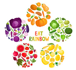 Vector concept - eat colors, violet fruit and vegetable in rounds - 443400511