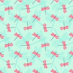 Seamless summer pattern with dragonfly on blue backgriund, silhouette of insect.