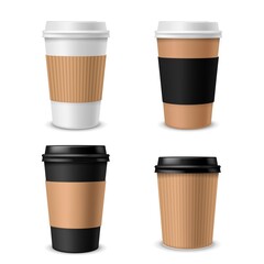 Cups coffee paper. Realistic takeaway cup with plastic cap, blank brown white and black container with lid for morning latte mocha cappuccino hot drinks. Package mockup vector isolated set
