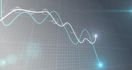 Image of financial data processing, two lines with glowing spot on grid