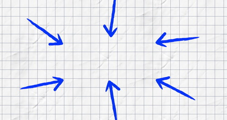 Image of six blue arrows pointing inwards on white squared paper