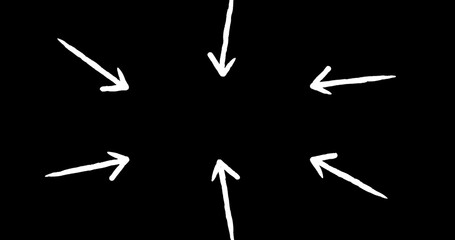 Image of six white arrows pointing inwards on black background