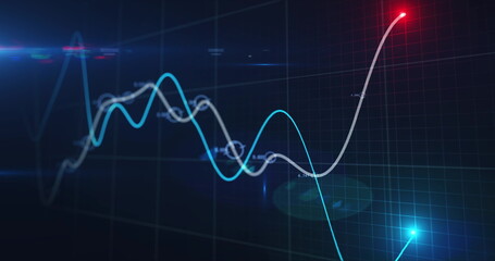 Image of financial data processing, two lines with glowing spot on grid