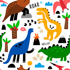 Dinosaur seamless pattern in lovely childish style.