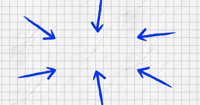 Image of six blue arrows pointing inwards on white squared paper - Powered by Adobe