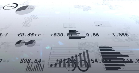 Image of financial data processing, numbers changing and statistics