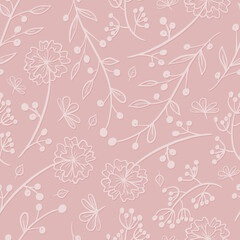 Vector cute floral pattern on a pink background. Delicate twigs and branches with leaves. Doodle blooming flowers, berries and buds on the stem.