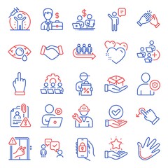 People icons set. Included icon as Video conference, Search employee, Budget accounting signs. Clapping hands, Repairman, Dont touch symbols. Drag drop, Heart, Hold box. Agent, Queue, Hand. Vector