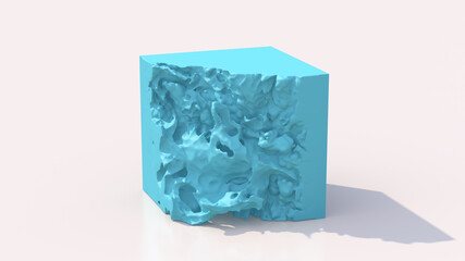Blue cube disappears. White background. Abstract illustration, 3d render.