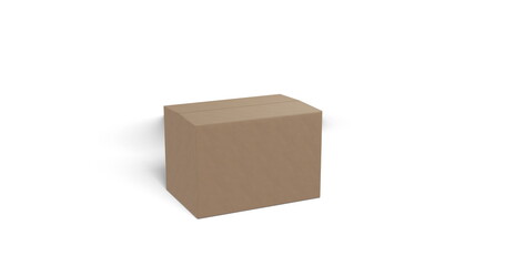 Brown carboard box moving quickly into into shot and opening on white background