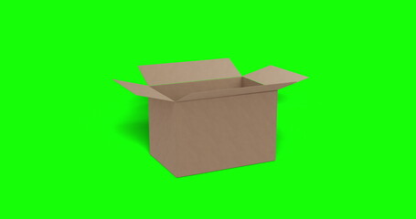 Brown carboard box moving quickly into into shot and opening on green screen background