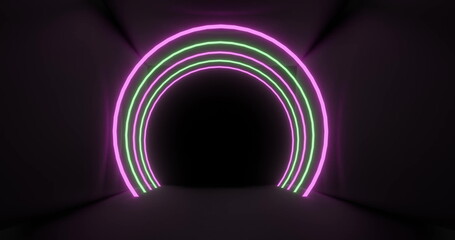 Concetric pink and yellow neon light arches pulsating on a black background