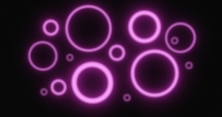 Pulsating pink neon rings in various sizes glowing on black background