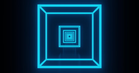 Image of glowing neon blue squares moving on seamless loop on black background