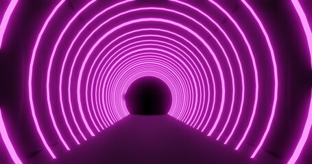 Moving through a tunnel of concetric pink neon arches pulsating on a black background