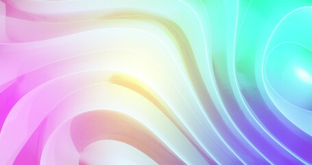 Pink yellow and blue light and shadow playing on moving 3d grooved absract white shape