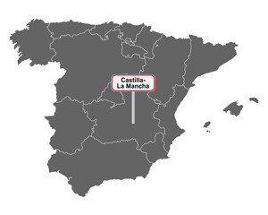 Landkarte von Spanien mit Ortsschild Castilla- La Mancha