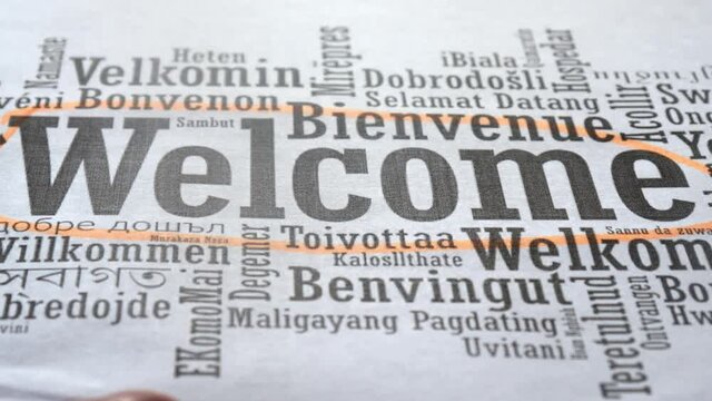 Words related to the topic welcome. Tag cloud. In different languages, conceptual background