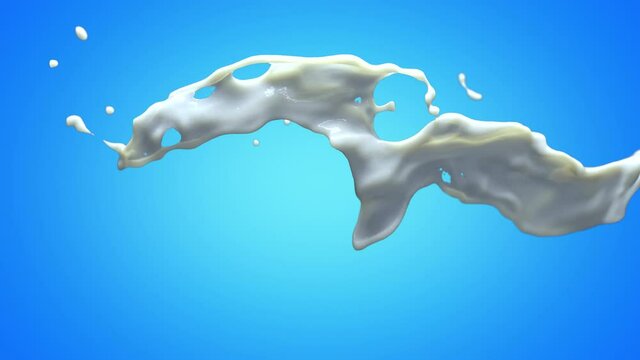Splash of Milk on blue background. 3D animation of white liquid, alpha channel as matte mask included.