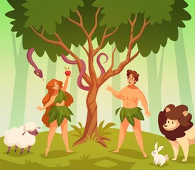 Adam and eve. Bible story scene first man and woman in garden eden, knowledge good and evil, snake of temptation and apple. Couple stand under tree. Religion scene vector cartoon concept - obrazy, fototapety, plakaty