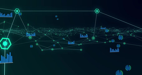Glowing network of connections and graphs moving against black background