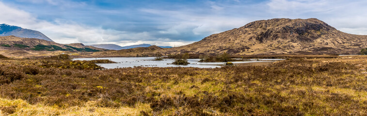 A panorama view across Rannoch Moor near Glencoe, Scotland on a summers day