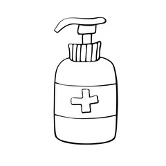 Template bottle gel hand sanitizer. Personal hygiene product. Antiseptic dispenser disinfects, protects coronavirus bacteria. Vector outline icon in flat doodle style isolated