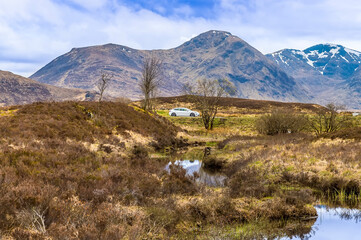 A view towards the road across Rannoch Moor near Glencoe, Scotland on a summers day