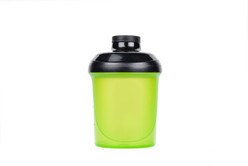 Protein shaker on white background isolated. Light green shaker