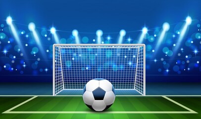 Penalty kick. Realistic soccer ball lying on grass front empty football goal, goalkeeper place, sport stadium with markup, lights on playground. Professional championship vector concept - obrazy, fototapety, plakaty