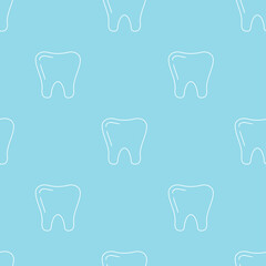 White tooth linear seamless pattern. Vector dentist seamless print on blue background for dental design. Outline simple design endless texture.