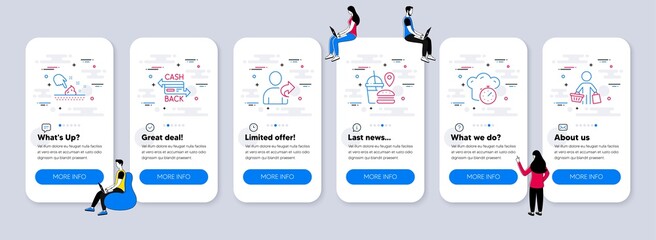 Line icons set. UI phone app screens with teamwork. Included icon as Cashback card, Cooking timer, Fast food signs. Skin moisture, Refer friend, Buyer line icons. Vector