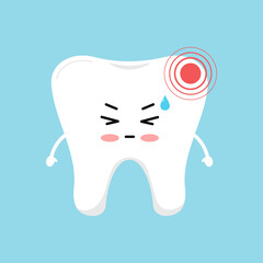Tooth with strong pain ache dental icon isolated on blue background. Cute sick teeth character. Flat cartoon kids dentistry character with hurt vector illustration. Dent prevention treatment concept