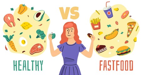 Healthy unhealthy food. Girl chooses between proper nutrition and fast food, diet plan, woman makes choice, different meal meat and fish, fruits and vegetables. Vector isolated concept