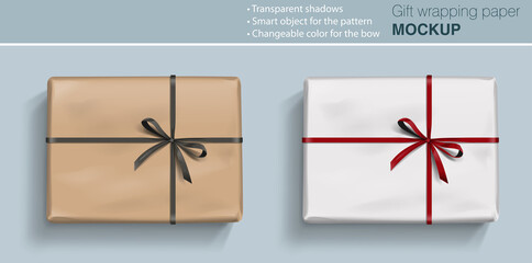 Vector gift paper box mock up with bow on light background with transparent shadows. Wrapping paper  template for your design. 