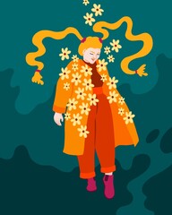 Woman with a flower coat. The flowers abstractly flying away from her. 