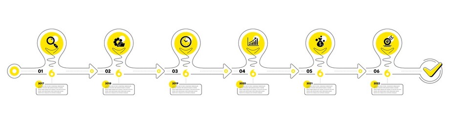 Business Infographic timeline with 6 steps. Workflow process diagram with Research, Working time, Growth chart and Goal target icons. Timeline infograph diagram. Vector