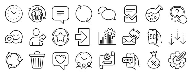 Set of Technology icons, such as Meeting time, Refer friend, Scroll down icons. Online voting, Cogwheel blueprint, Recycle signs. Heart, Teamwork, Dating. Trash bin, Time management, Loan. Vector