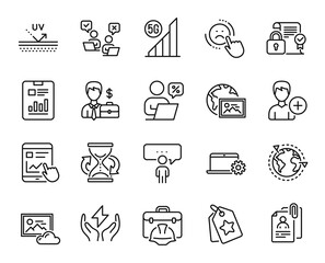 Vector set of Outsourcing, Internet report and Businessman case line icons set. Photo cloud, Loyalty tags and Dislike icons. Safe energy, Uv protection and Add person signs. Vector