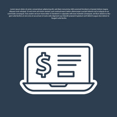 Blue line Laptop with dollar icon isolated on blue background. Sending money around the world, money transfer, online banking, financial transaction. Vector