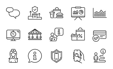Business icons set. Included icon as Money diagram, Seo timer, Chat message signs. Hospital nurse, Search app, Payment methods symbols. Presentation, Security agency, Fast food. Carousels. Vector